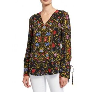 Kobi Halperin Black Floral Print Silk V Neck Tie Cuff Blouse Top XS XLINT COND!